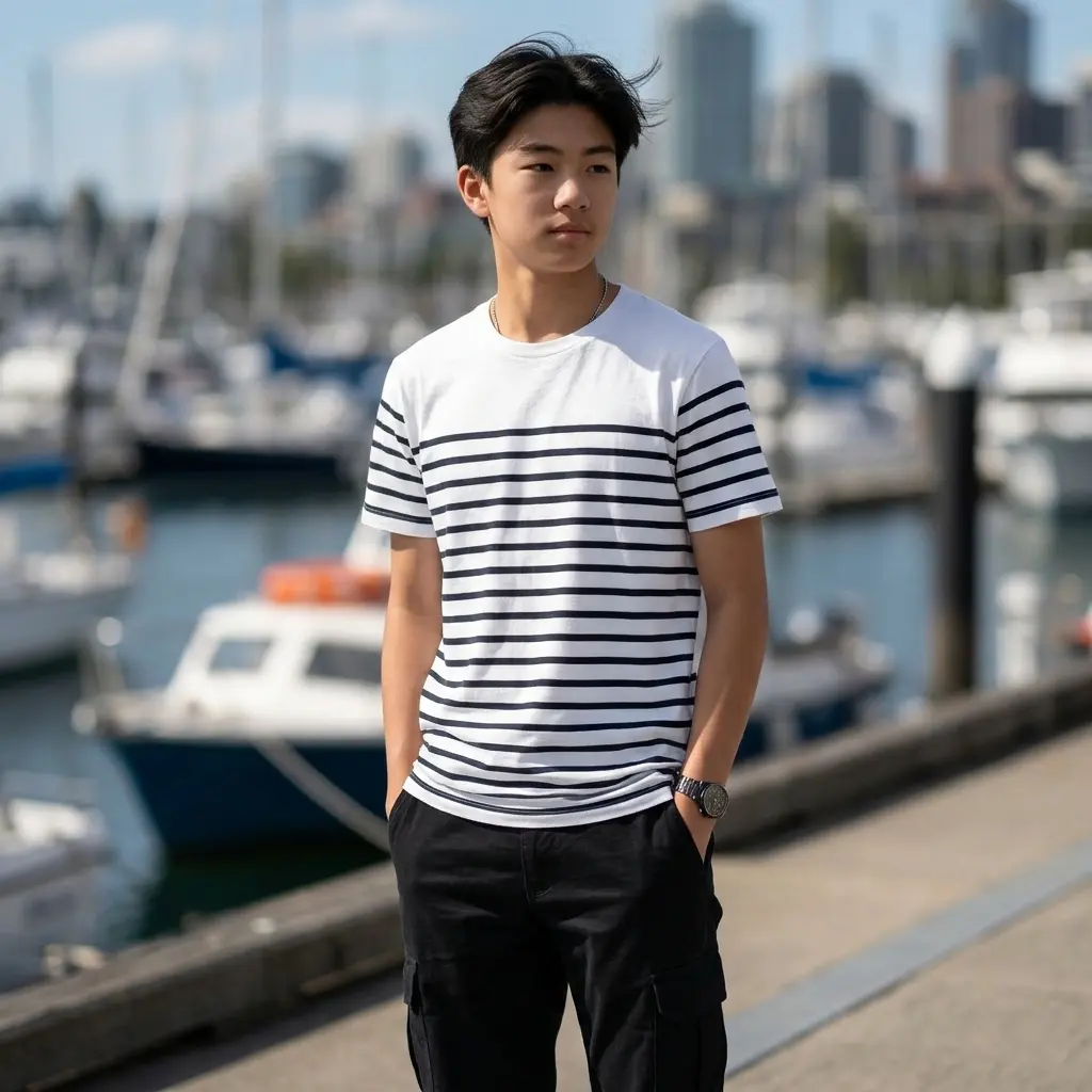 Short Sleeves Navy Striped T-Shirt White and Navy Blue S Size